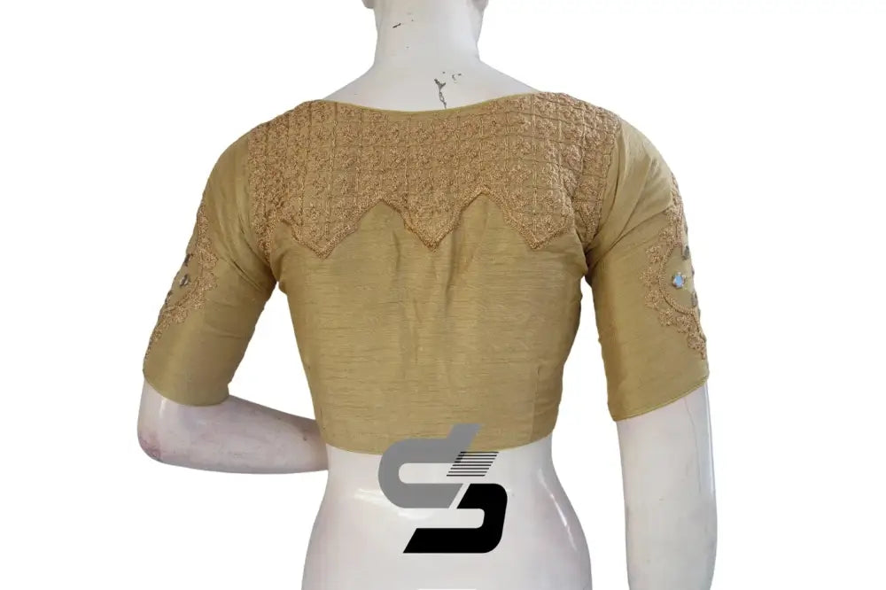Elegant Gold High Neck Embroidered Saree Blouses - Regal Glamour - D3blouses