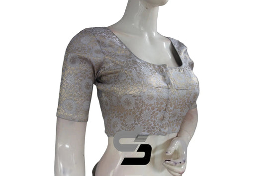 Elegant Grey-Silver Mix Premium Brocade Silk Readymade Saree Blouse, Indian Ethnic Wear - D3blouses