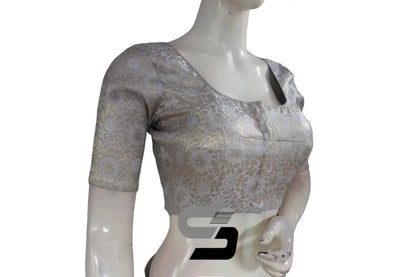 Elegant Grey-Silver Mix Premium Brocade Silk Readymade Saree Blouse, Indian Ethnic Wear - D3blouses