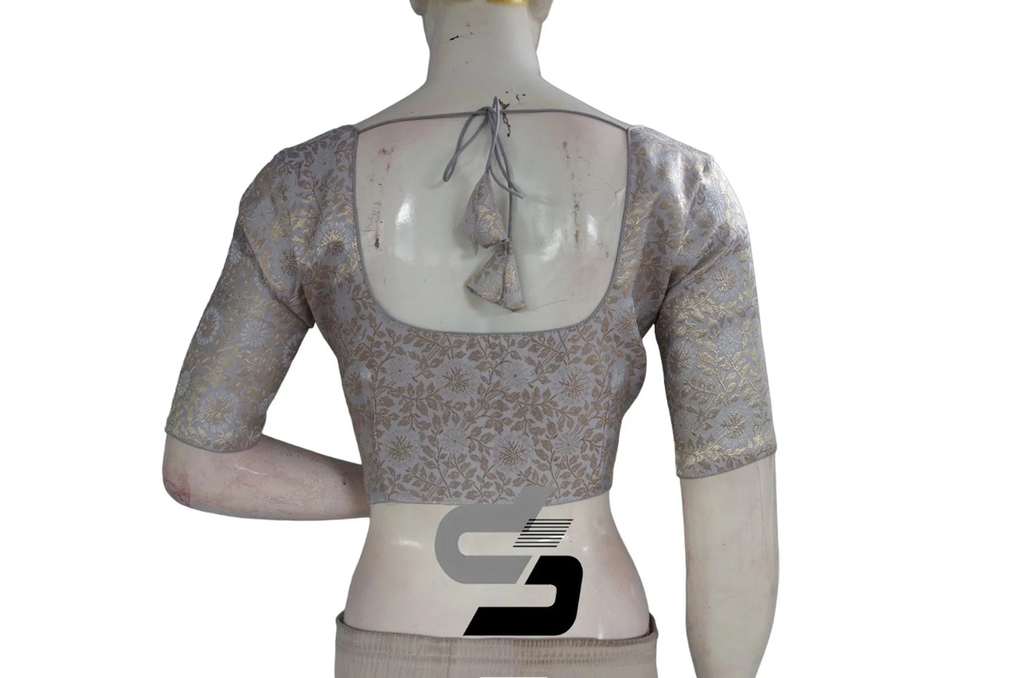 Elegant Grey-Silver Mix Premium Brocade Silk Readymade Saree Blouse, Indian Ethnic Wear - D3blouses