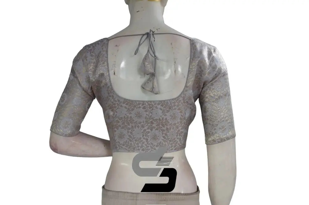 Elegant Grey-Silver Mix Premium Brocade Silk Readymade Saree Blouse, Indian Ethnic Wear - D3blouses
