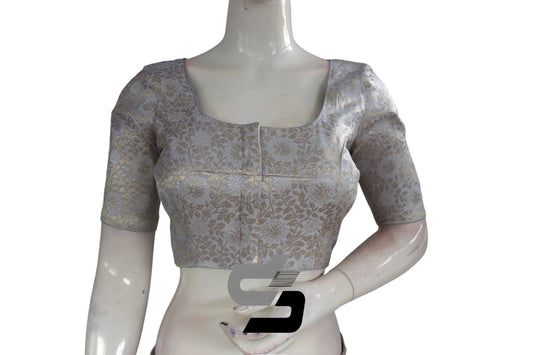 Elegant Grey-Silver Mix Premium Brocade Silk Readymade Saree Blouse, Indian Ethnic Wear - D3blouses