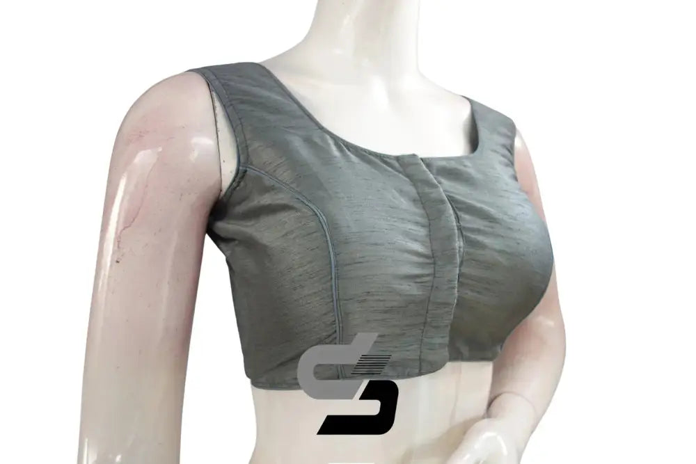 Elegant Grey, Sleeveless Plain Semi Silk Designer Readymade Saree Blouse - D3blouses