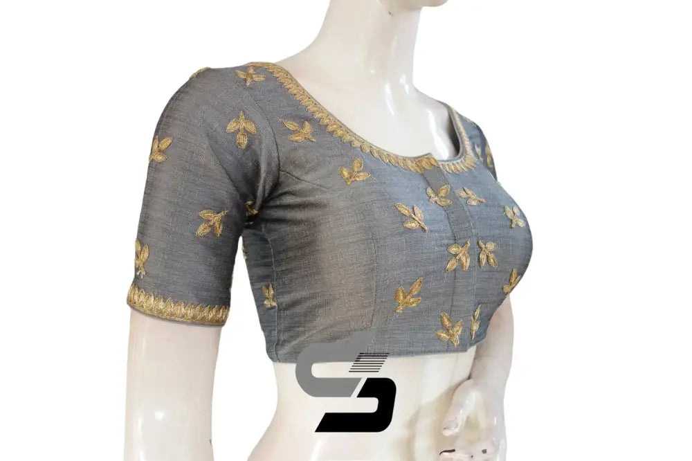 "Elegant in Grey: Semi Silk Designer Machine Embroidery Readymade Saree Blouse" - D3blouses