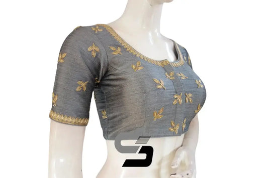 "Elegant in Grey: Semi Silk Designer Machine Embroidery Readymade Saree Blouse" - D3blouses