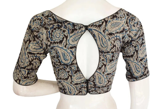 Elegant Kalamkari Boat Neck Saree Blouse, Ready-to-Wear - D3blouses
