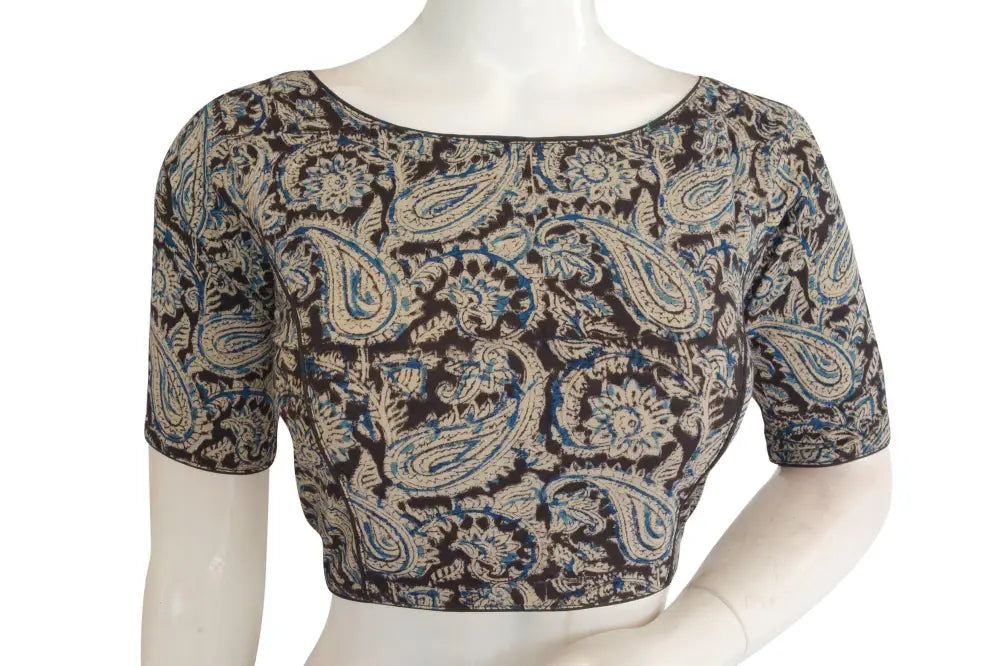 Elegant Kalamkari Boat Neck Saree Blouse, Ready-to-Wear - D3blouses