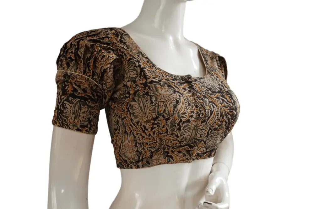 Elegant Kalamkari Designer Blouse, Puff Sleeves, Ready-to-Wear - D3blouses