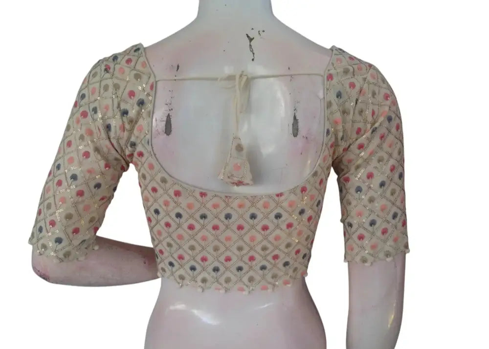 Elegant Khadi Cotton Blouse with Sequins & Thread Embroidery Readymade Top - D3blouses