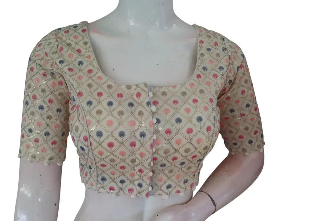 Elegant Khadi Cotton Blouse with Sequins & Thread Embroidery Readymade Top - D3blouses