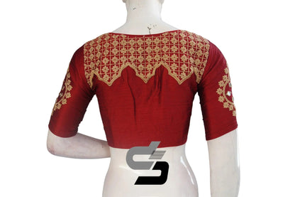 Elegant Maroon High Neck Embroidered Saree Blouses - Timeless Charm - D3blouses