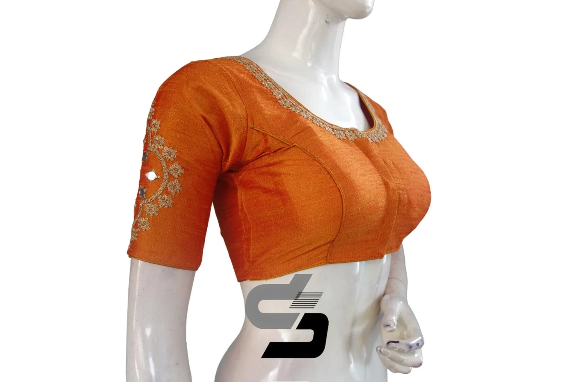 Elegant Mustard Orange High Neck Embroidered Saree Blouses - Ethnic Chic - D3blouses
