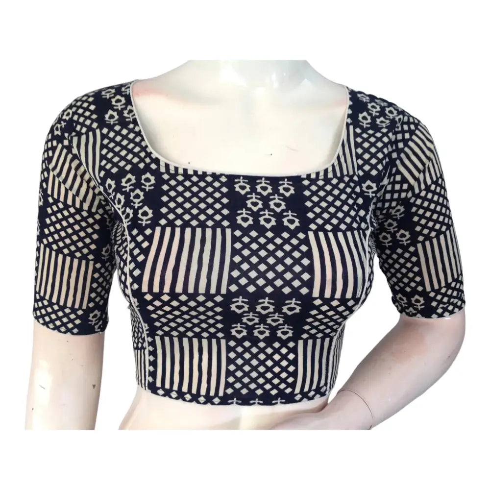 Elegant Navy Blue High Neck Saree Blouse | Ready made | Exquisite Indian Craftsmanship - D3blouses