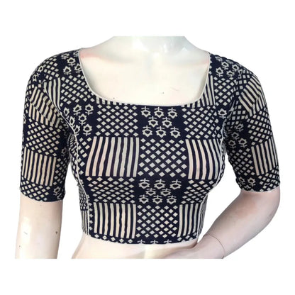 Elegant Navy Blue High Neck Saree Blouse | Ready made | Exquisite Indian Craftsmanship - D3blouses