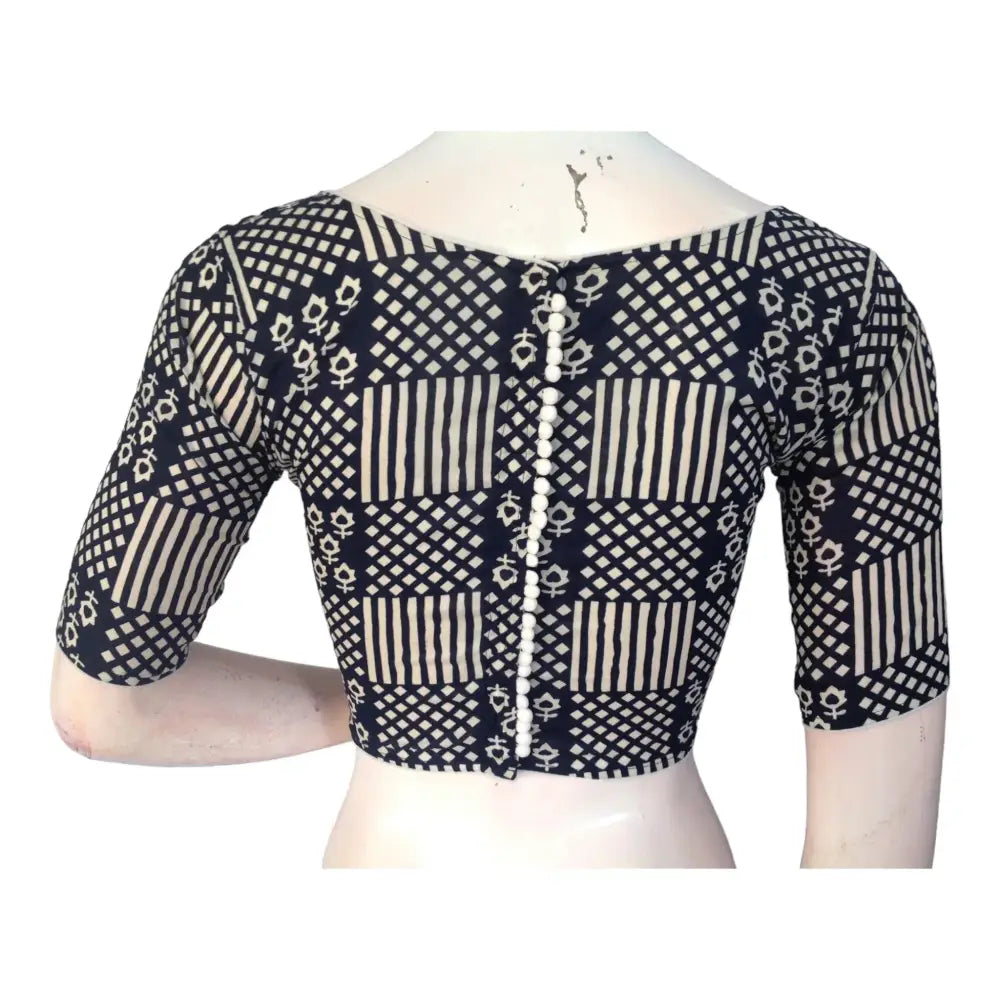 Elegant Navy Blue High Neck Saree Blouse | Ready made | Exquisite Indian Craftsmanship - D3blouses