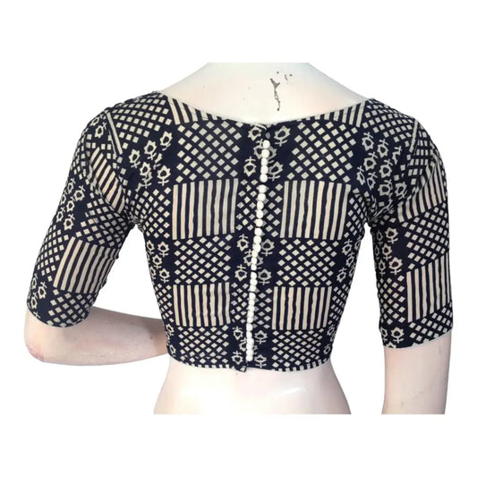 Elegant Navy Blue High Neck Saree Blouse | Ready made | Exquisite Indian Craftsmanship - D3blouses