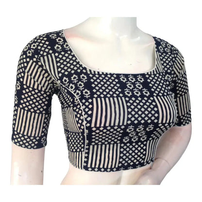 Elegant Navy Blue High Neck Saree Blouse | Ready made | Exquisite Indian Craftsmanship - D3blouses