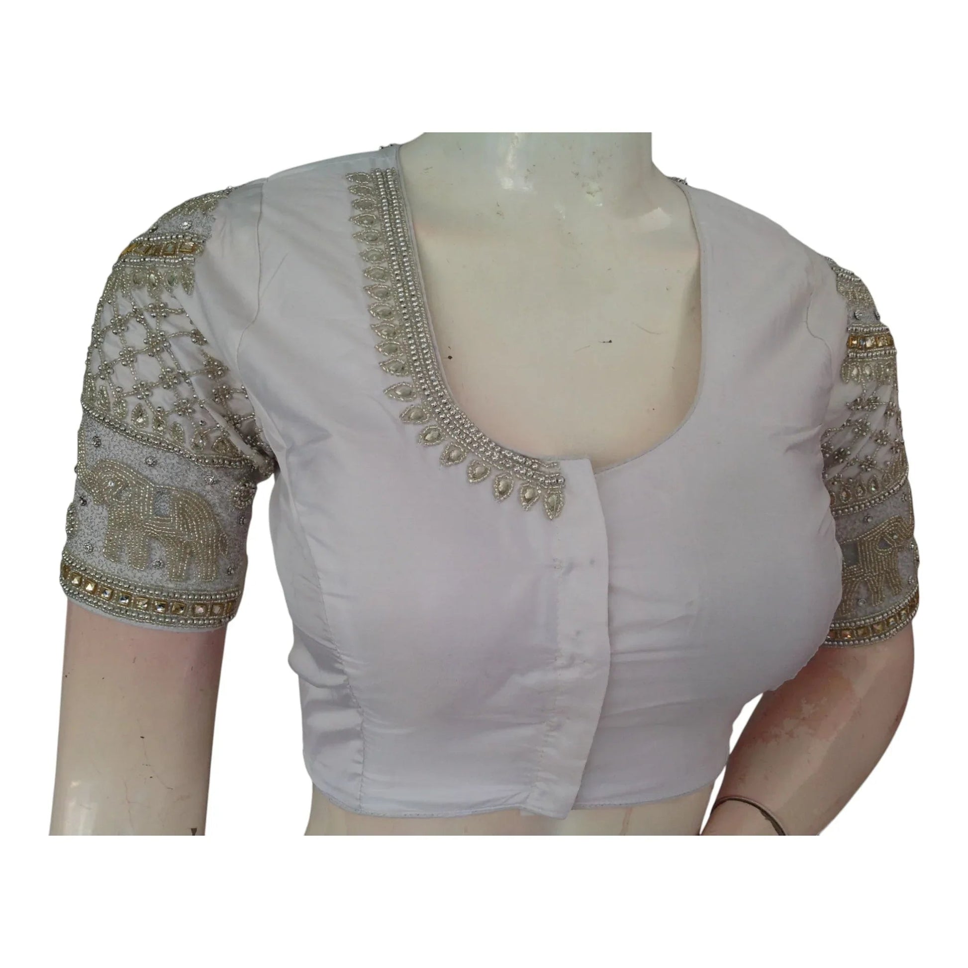 Elegant Off-White Aari Handwork Wedding Silk Saree Blouse - D3blouses