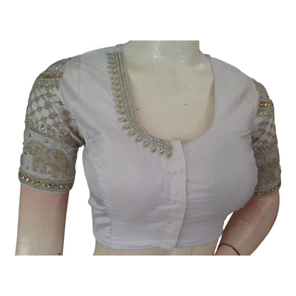 Elegant Off-White Aari Handwork Wedding Silk Saree Blouse - D3blouses