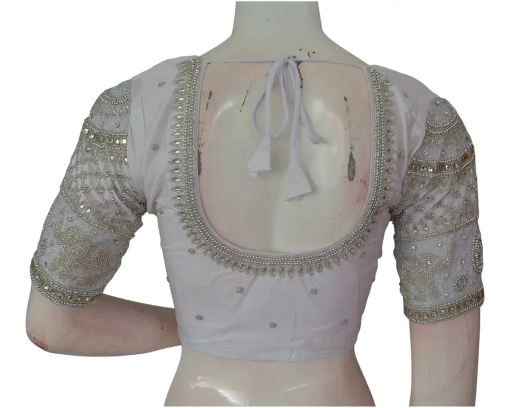 Elegant Off-White Aari Handwork Wedding Silk Saree Blouse - D3blouses