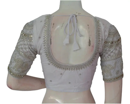 Elegant Off-White Aari Handwork Wedding Silk Saree Blouse - D3blouses
