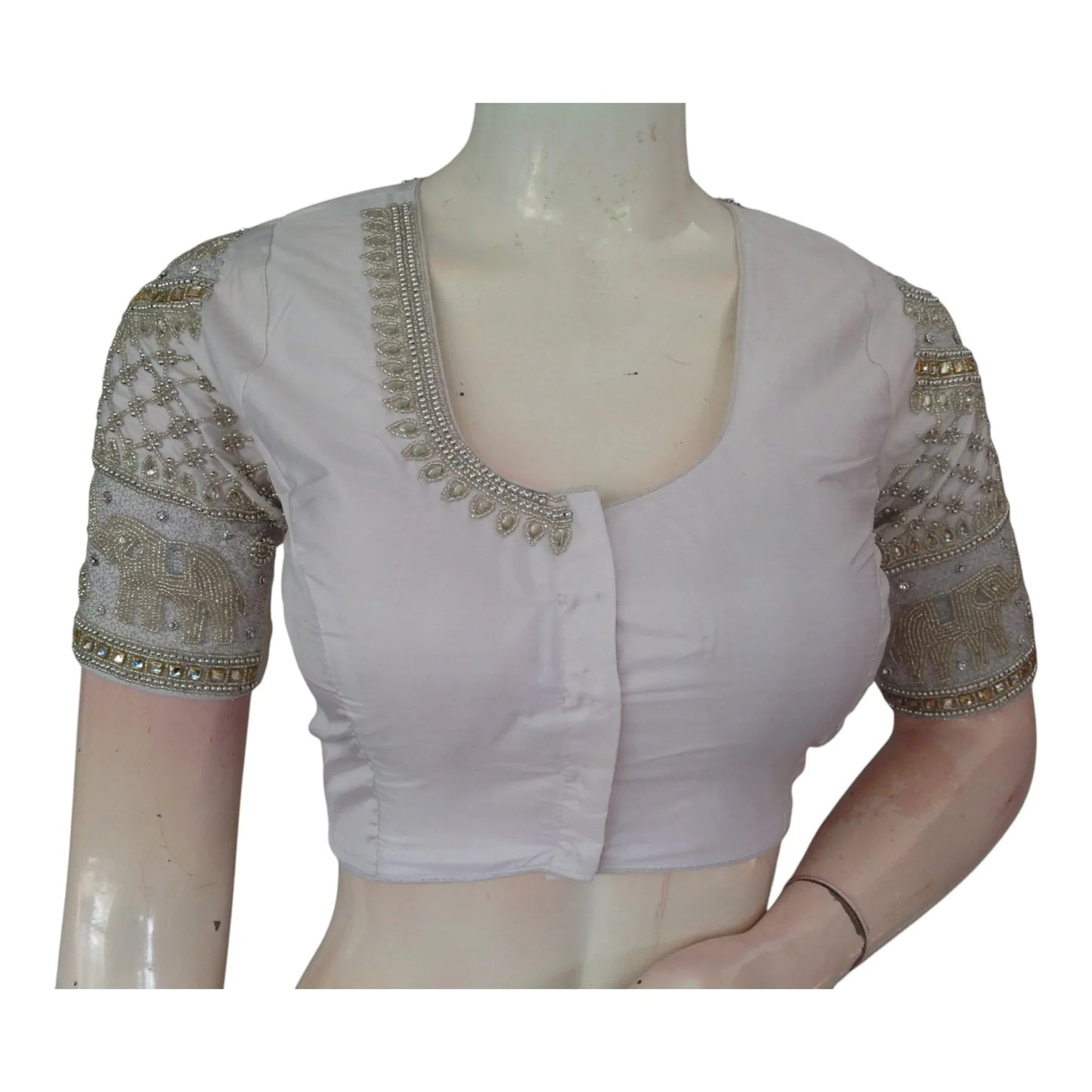 Elegant Off-White Aari Handwork Wedding Silk Saree Blouse - D3blouses