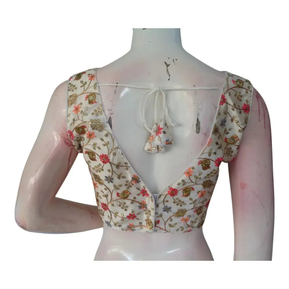 Elegant Off-White Color Floral Embroidery Semi-Silk Readymade Blouse - D3blouses