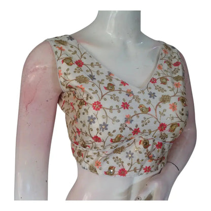 Elegant Off-White Color Floral Embroidery Semi-Silk Readymade Blouse - D3blouses
