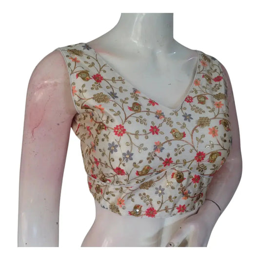 Elegant Off-White Color Floral Embroidery Semi-Silk Readymade Blouse - D3blouses