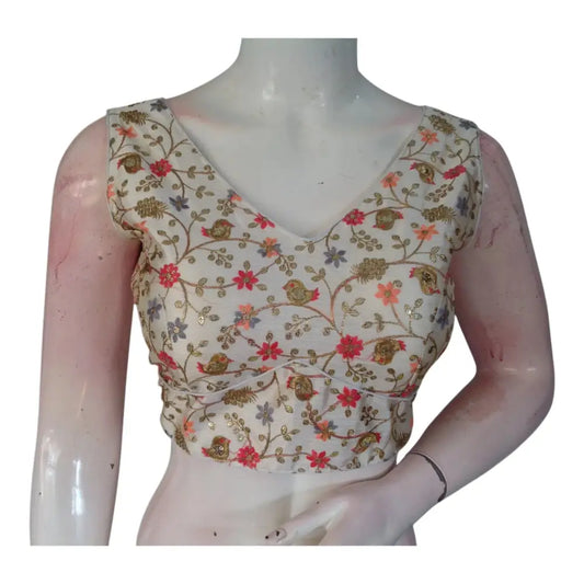 Elegant Off-White Color Floral Embroidery Semi-Silk Readymade Blouse - D3blouses