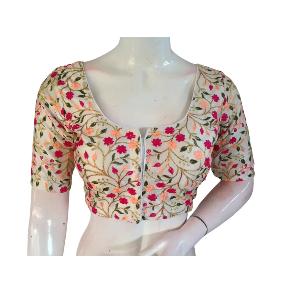 Elegant Off-White Silk Saree Readymade Blouse with Intricate Embroidery - D3blouses