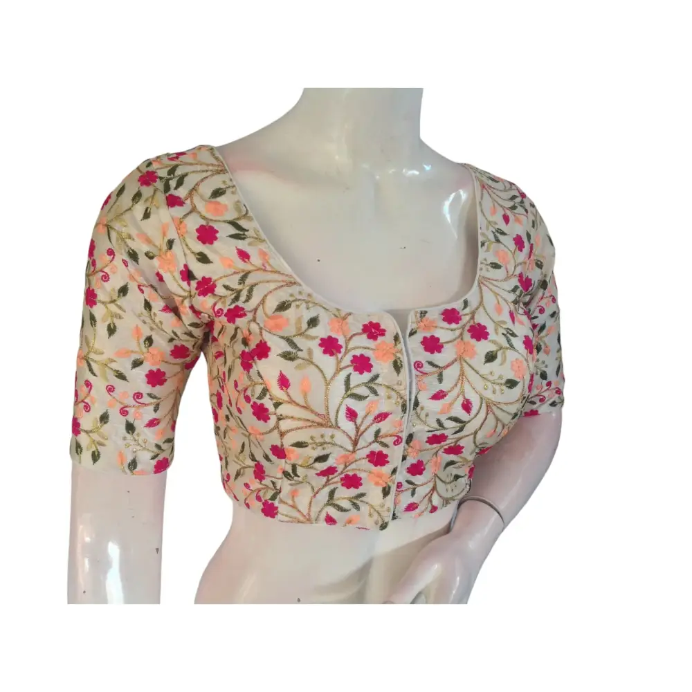 Elegant Off-White Silk Saree Readymade Blouse with Intricate Embroidery - D3blouses
