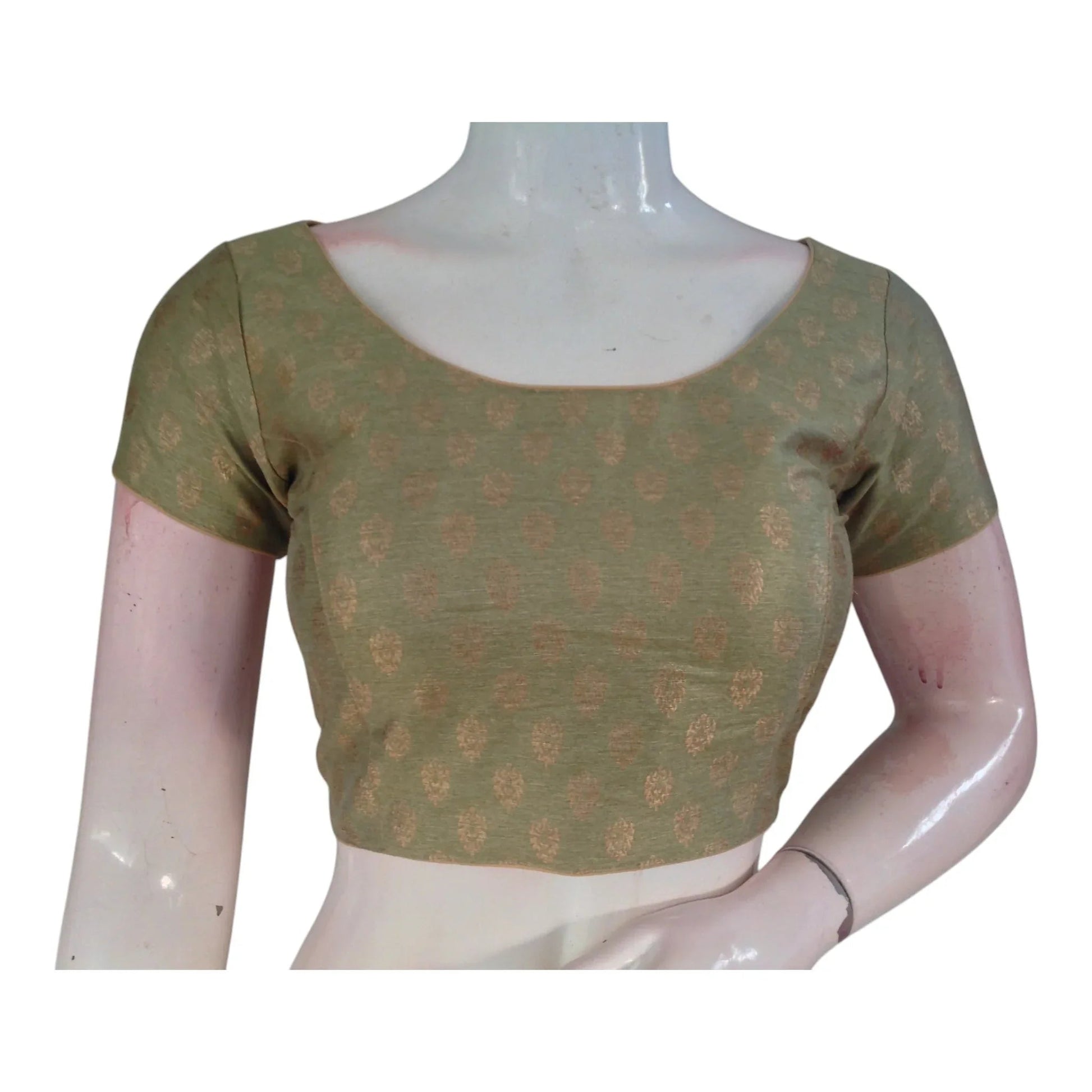 Elegant Olive Green Brocade Silk Designer Neck Readymade Saree Blouse - D3blouses