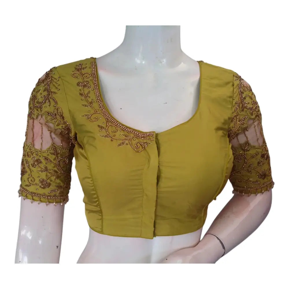 Elegant Olive Green Color Aari Handwork Blouse: Netted & Knotted - D3blouses
