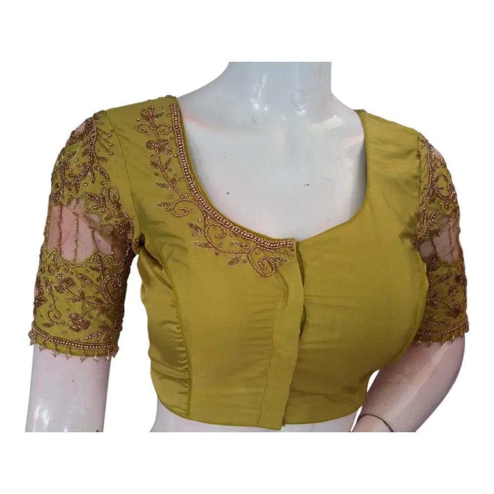 Elegant Olive Green Color Aari Handwork Blouse: Netted & Knotted - D3blouses