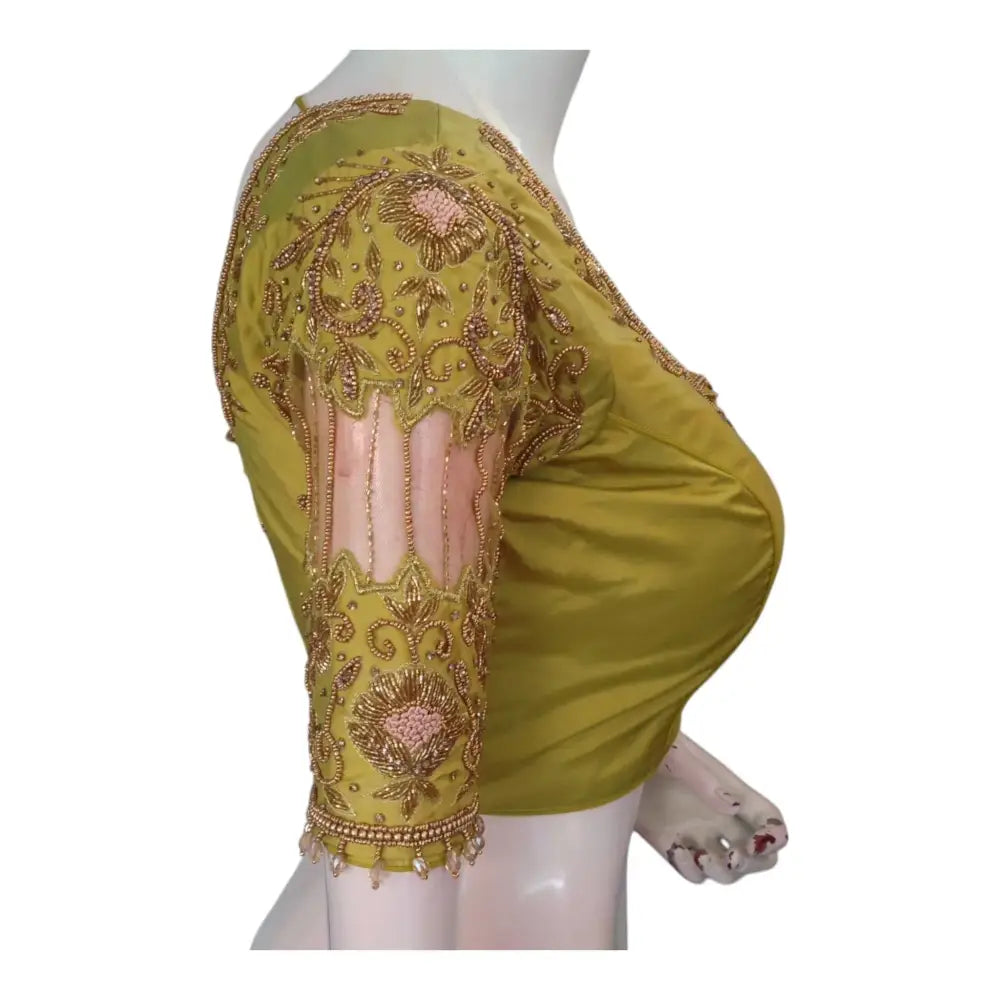 Elegant Olive Green Color Aari Handwork Blouse: Netted & Knotted - D3blouses