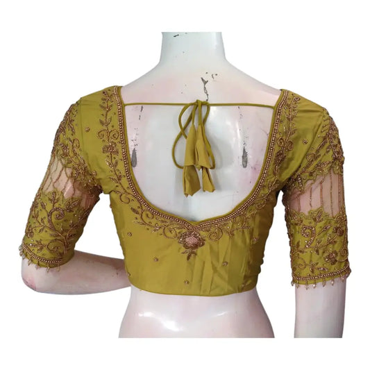 Elegant Olive Green Color Aari Handwork Blouse: Netted & Knotted - D3blouses