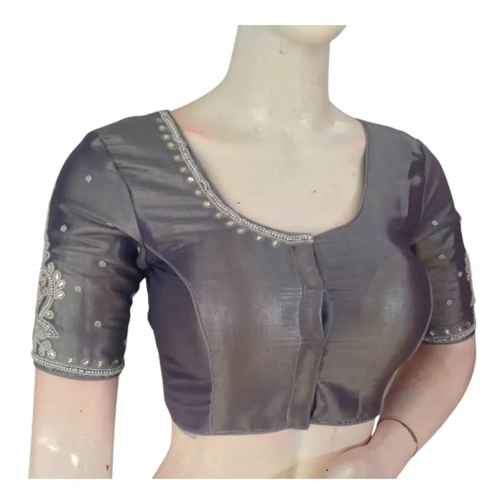 Elegant Pastel Grey Tissue Silk Blouse with Silver Aari Handwork - D3blouses