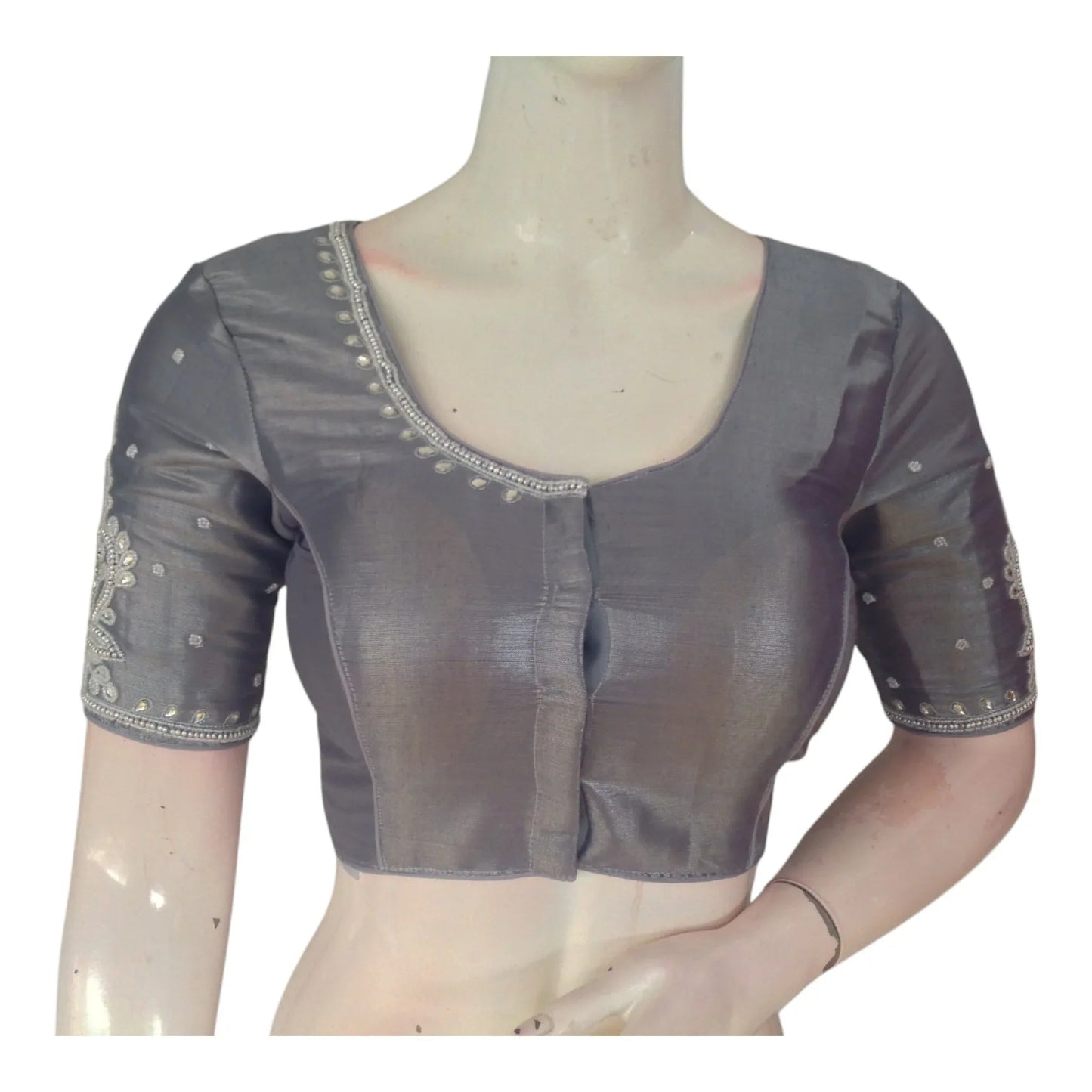 Elegant Pastel Grey Tissue Silk Blouse with Silver Aari Handwork - D3blouses