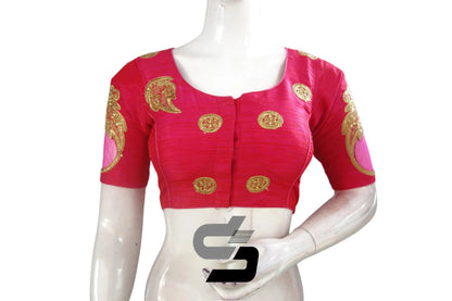 Elegant Pink High Neck Embroidered Saree Blouses/Crop Top - D3blouses