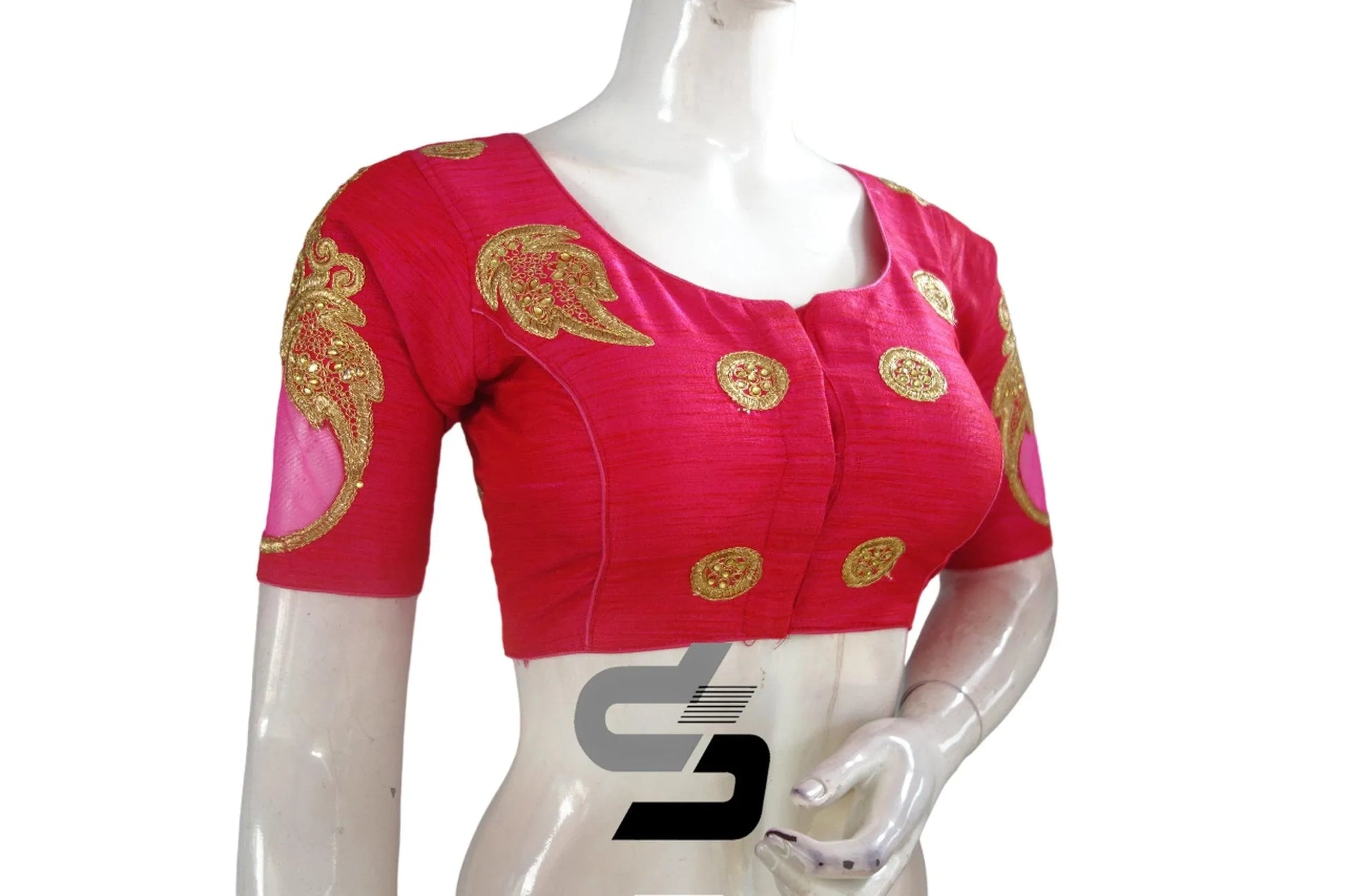 Elegant Pink High Neck Embroidered Saree Blouses/Crop Top - D3blouses
