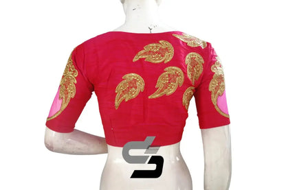 Elegant Pink High Neck Embroidered Saree Blouses/Crop Top - D3blouses