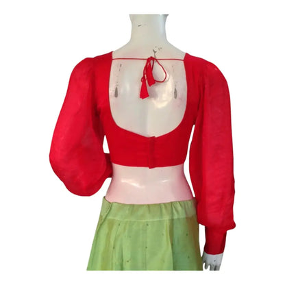 Elegant Red Organza Balloon Sleeve Saree Blouse | Designer Indian Blouse - D3blouses