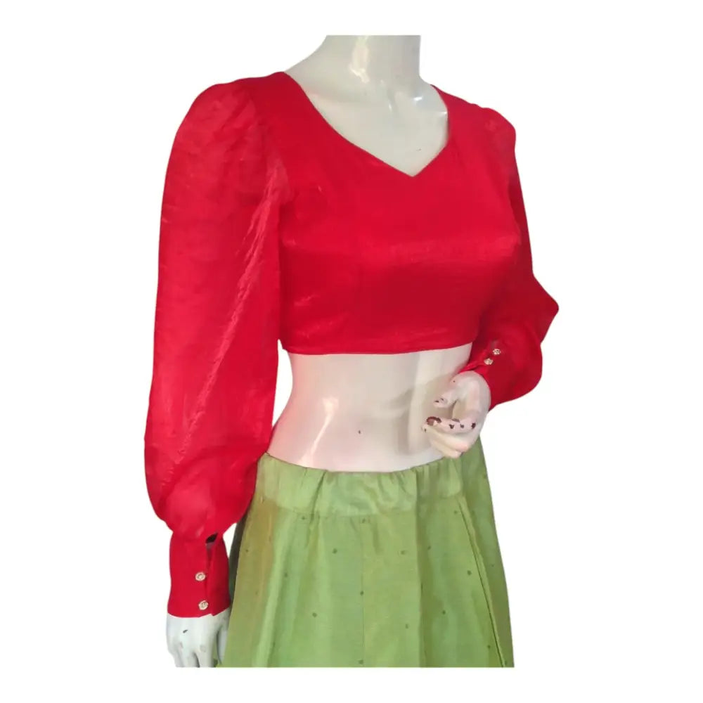 Elegant Red Organza Balloon Sleeve Saree Blouse | Designer Indian Blouse - D3blouses
