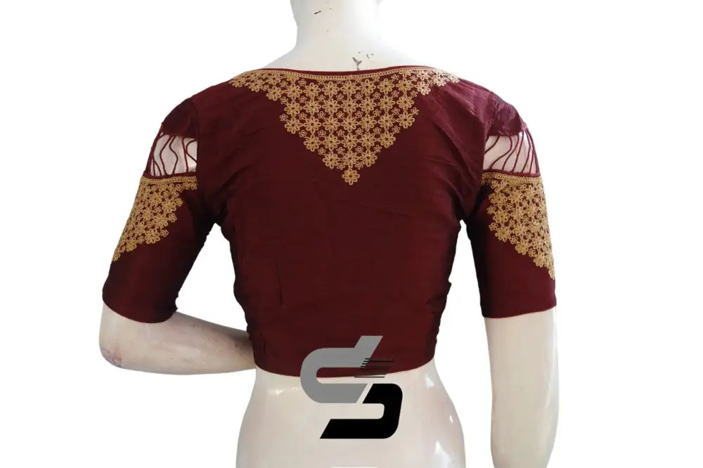 Elegant Red Wine High Neck Embroidered Saree Blouses - D3blouses
