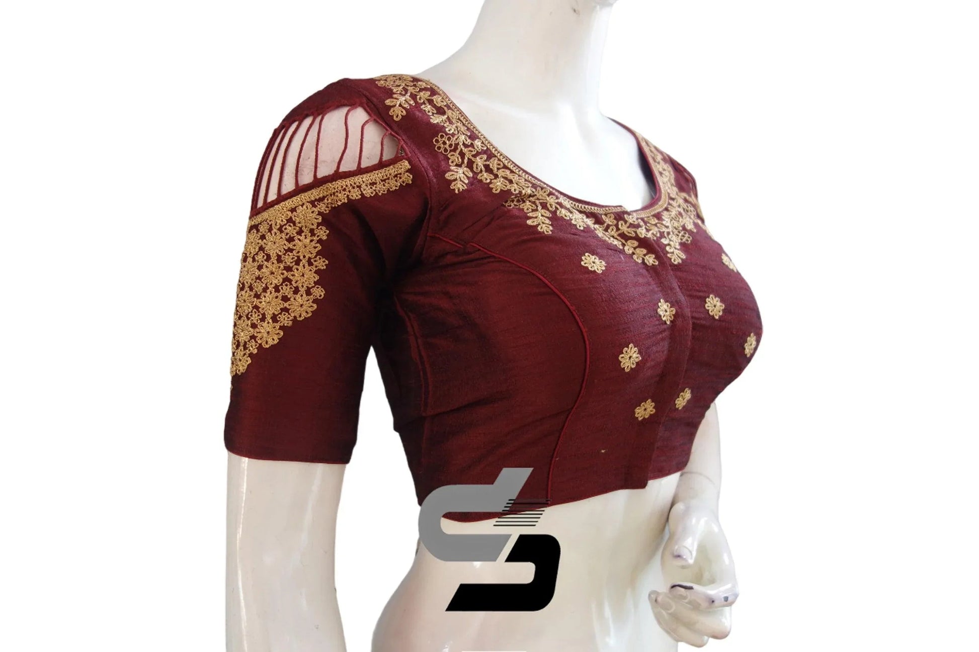 Elegant Red Wine High Neck Embroidered Saree Blouses - D3blouses