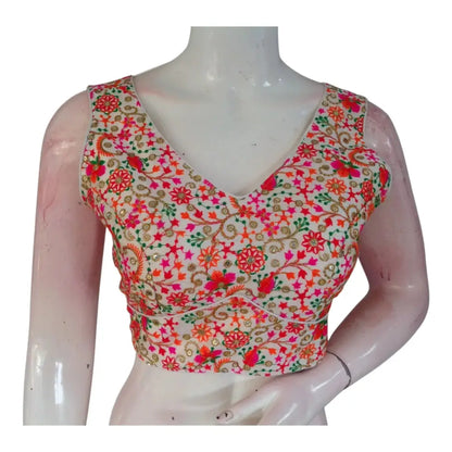 Elegant Sleeveless Semi-Silk Readymade Blouse - Off-White with Floral Details - D3blouses