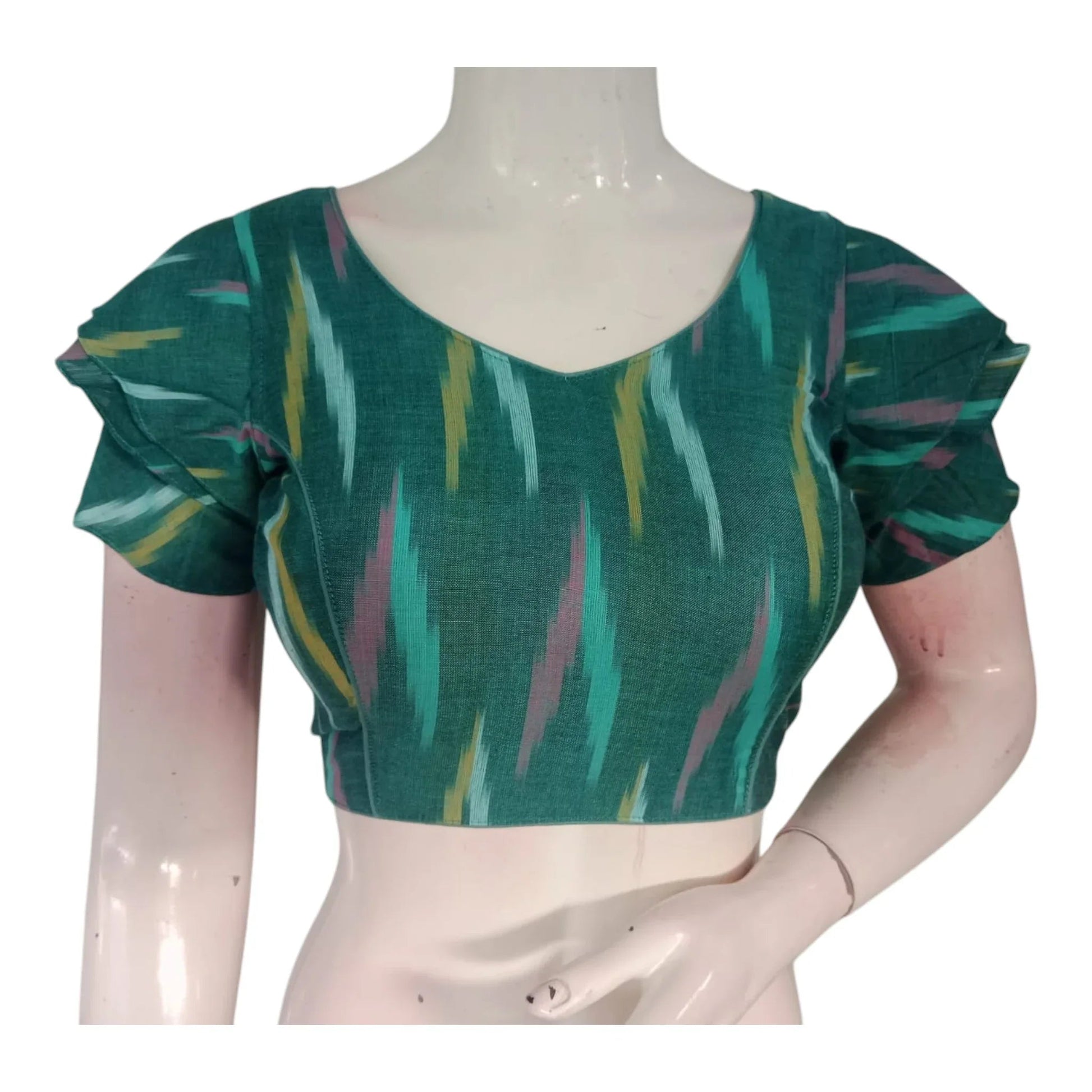 Elegant Teal Color Ikkat V-Neck Ready made Blouse with Ruffle Sleeves - D3blouses