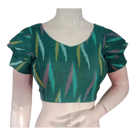 Elegant Teal Color Ikkat V-Neck Ready made Blouse with Ruffle Sleeves - D3blouses