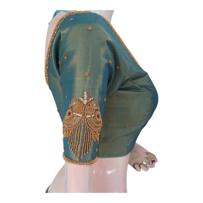Elegant Teal Green Aari Handwork Tissue Silk Wedding Blouse - D3 Blouses - D3blouses